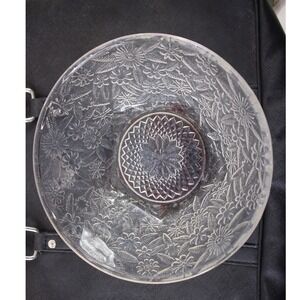 Pineapple & Floral Vintage Indiana Glass Floral Pressed Glass Bowl 7.5" Diameter